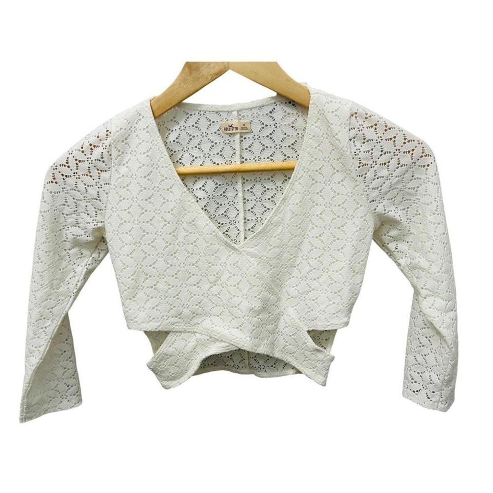 NWT Hollister Crochet Lace Wrap Cardigan Sweater White Sheer Long Sleeve Crop
